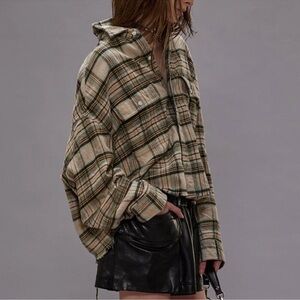 R13 cropped plaid cream & green “work shirt”